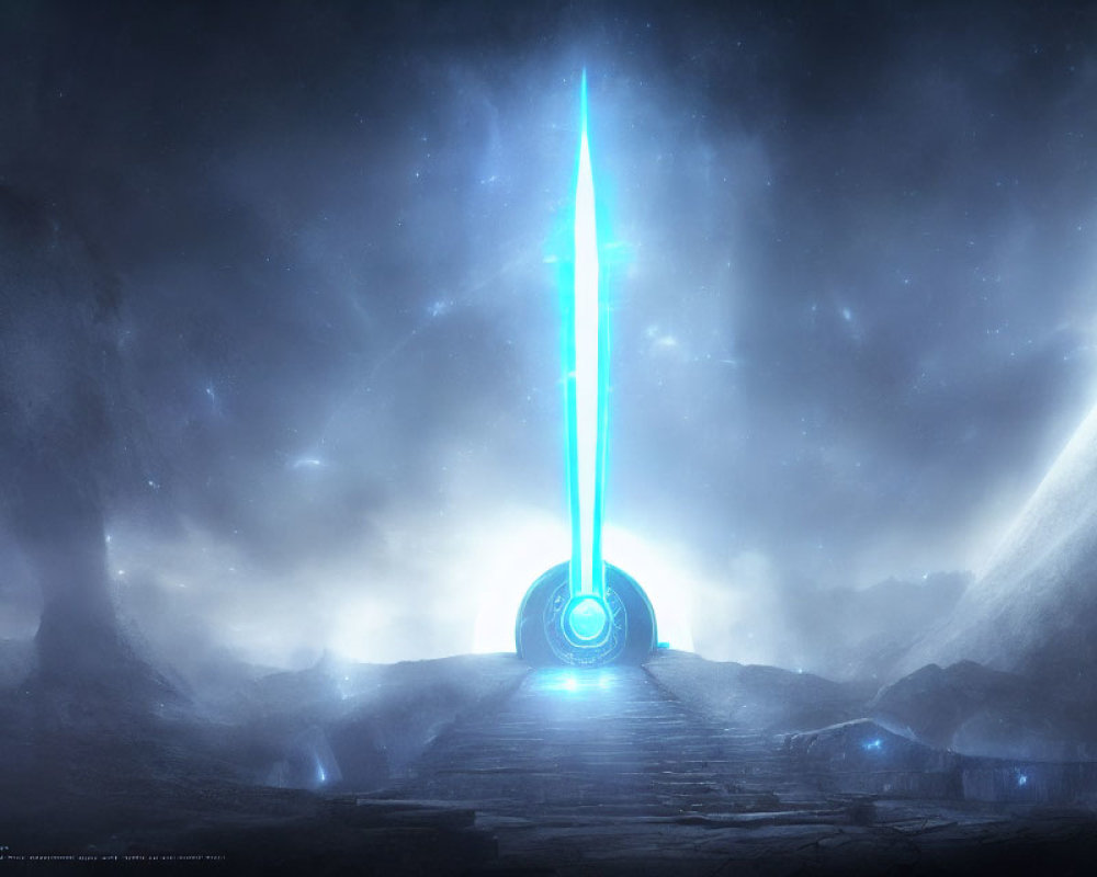 Glowing blue sword piercing stone in celestial-lit ruins