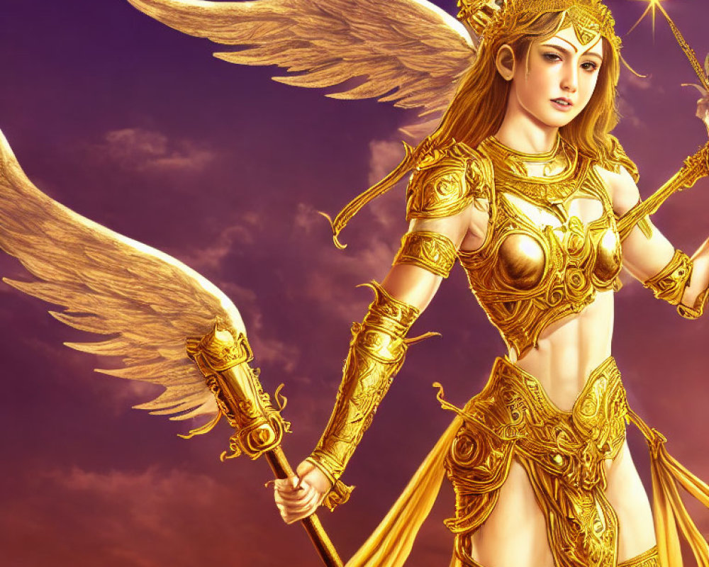 Majestic female warrior digital artwork with golden armor and wings against purplish sky