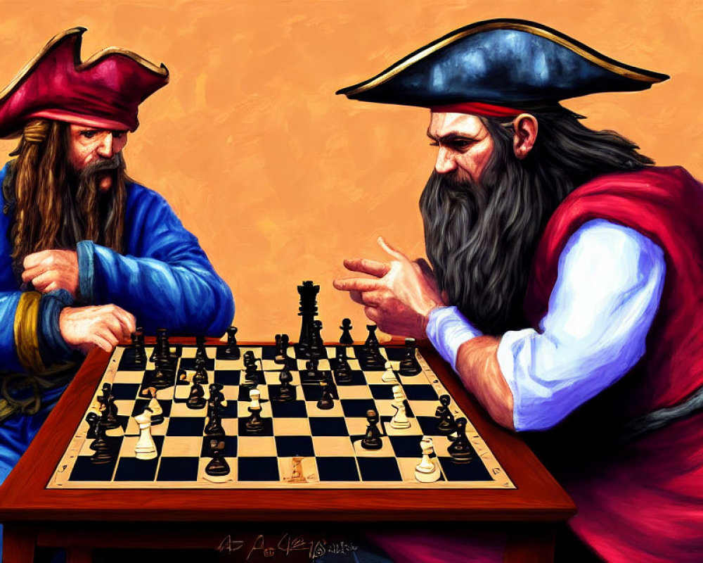 Animated pirates playing chess with stern expressions