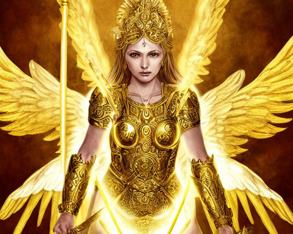 Majestic winged warrior in golden armor with radiant sword against bronze backdrop