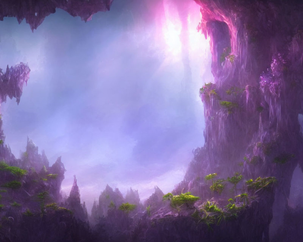 Ethereal cave with pink light, lush greenery, and rocky formations
