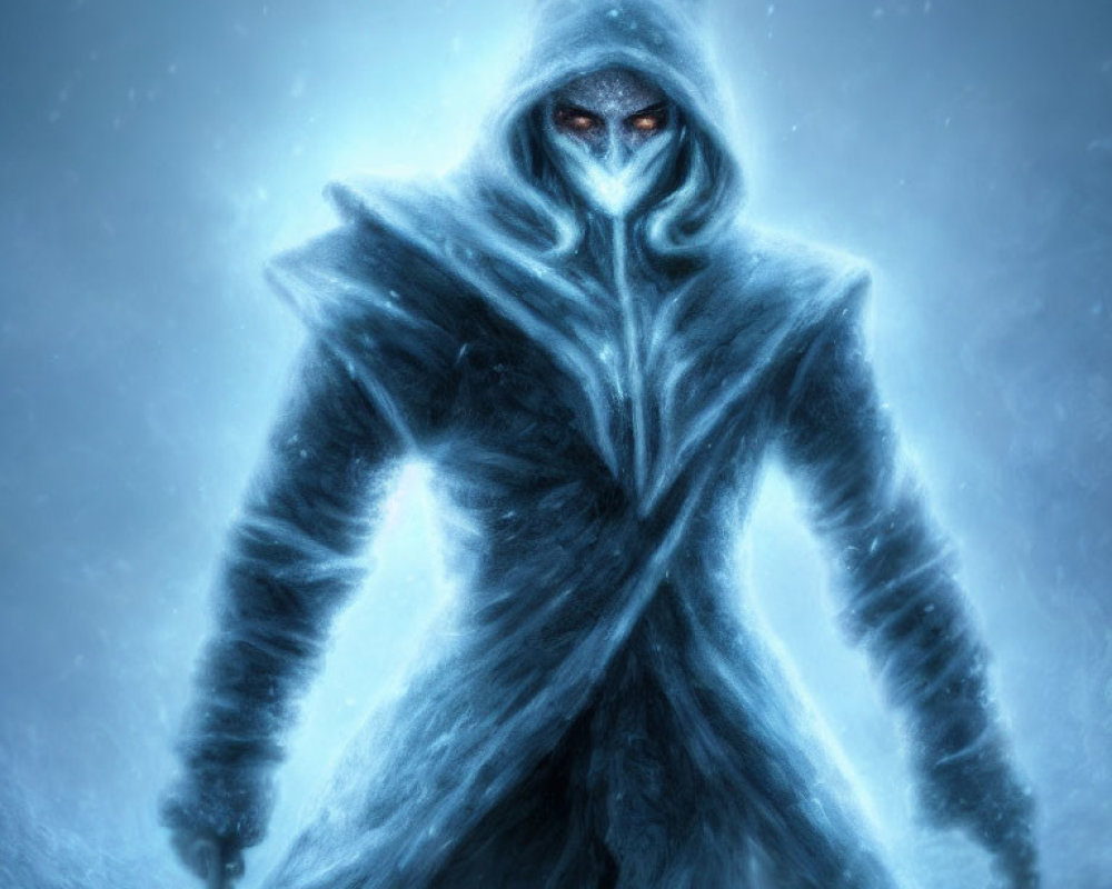 Mysterious Figure in Hooded Cloak with Glowing Eyes in Snowy Scene