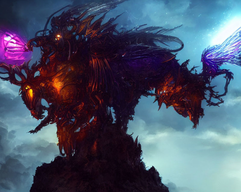 Fantastical creature with glowing eyes and energy on rock under dramatic sky.