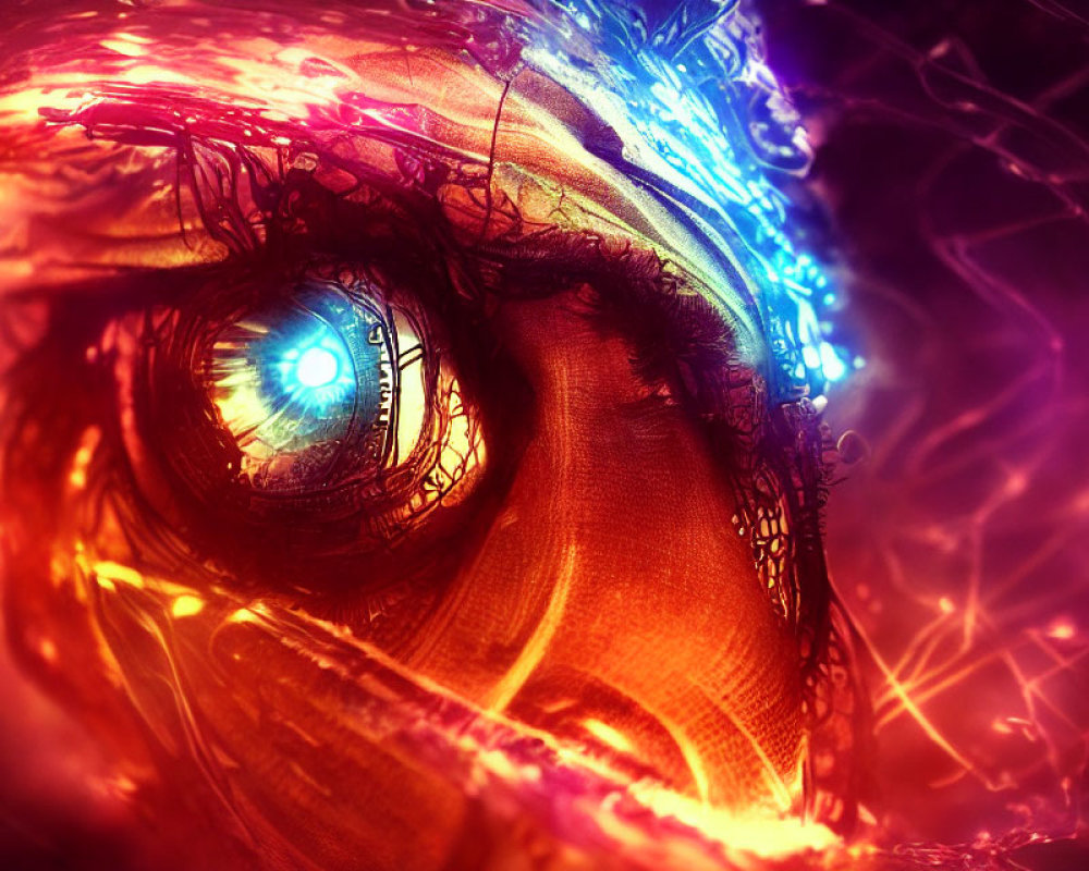 Detailed Close-Up Digital Artwork of Human Eye with Intricate Patterns and Glowing Neon Colors
