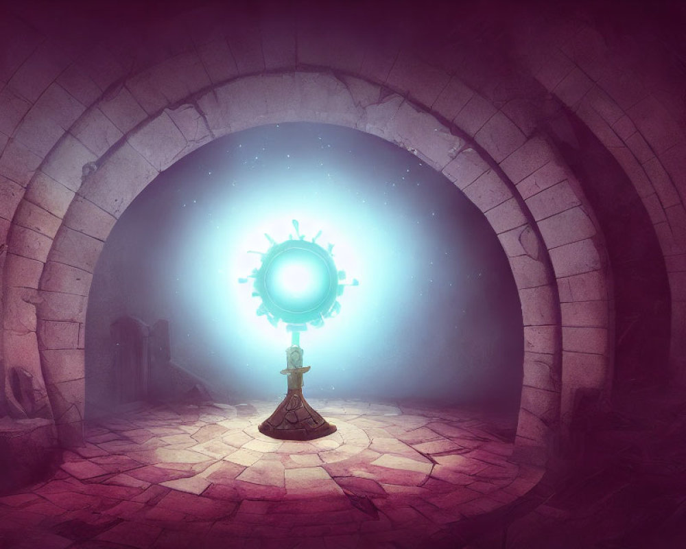 Mystical glowing orb with cog-like structure in ancient stone chamber