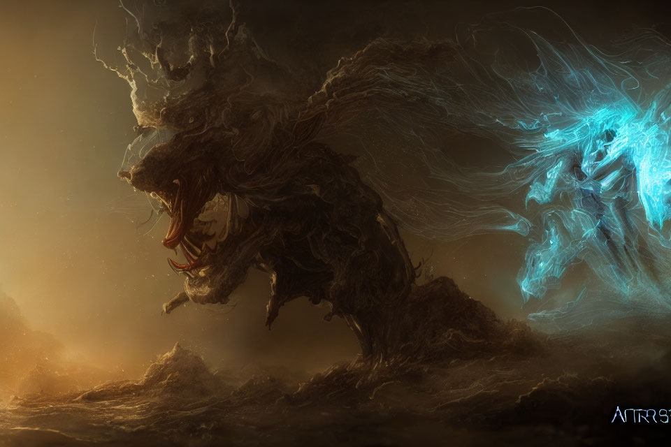 Dark fantasy scene: ferocious beast vs. spectral energy creature