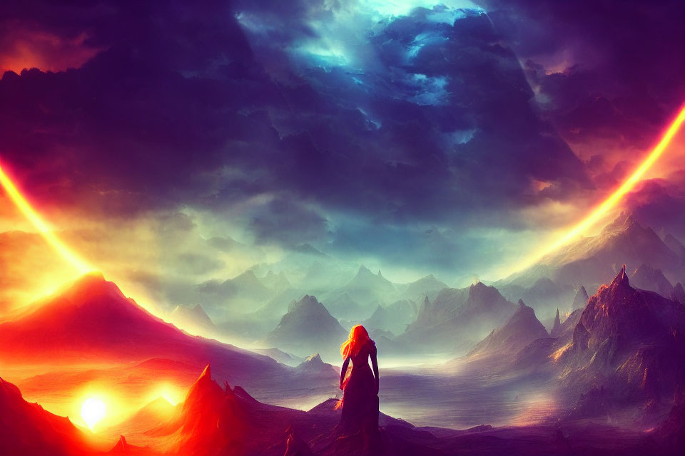Solitary Figure in Dramatic Fantasy Landscape with Twin Suns