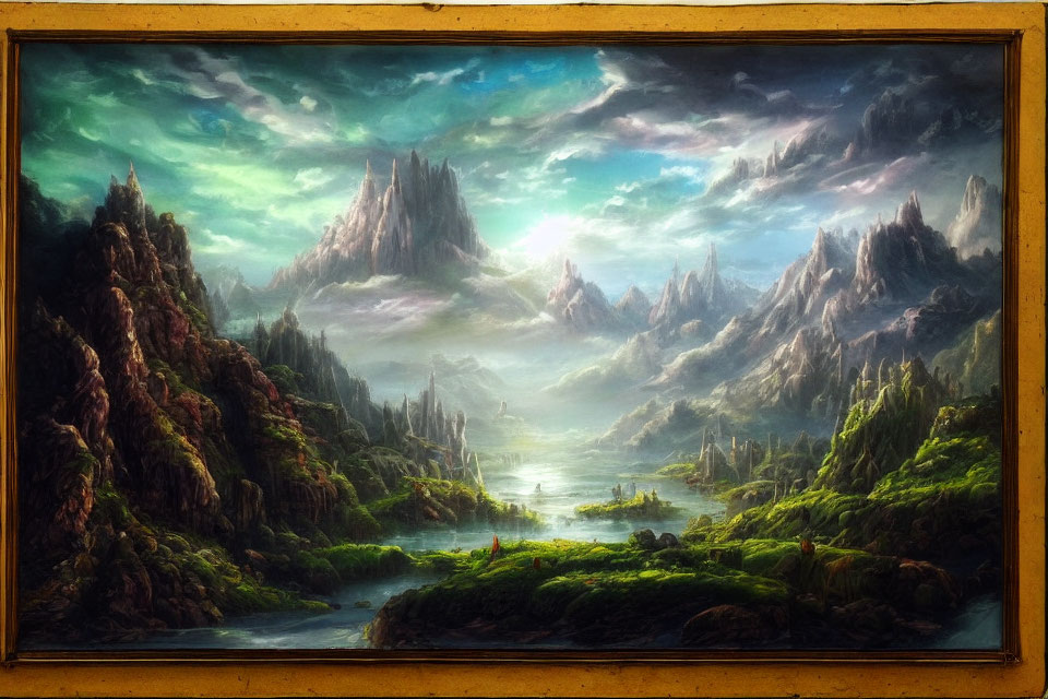 Scenic landscape painting of serene valley with mountains