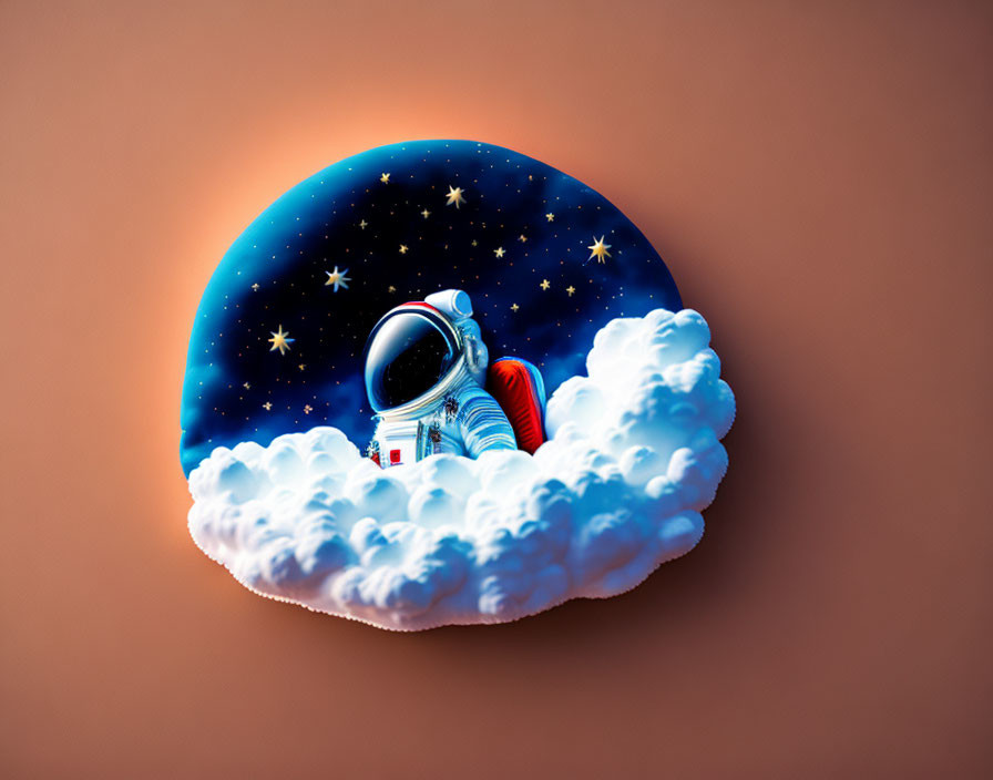 Surreal astronaut on fluffy cloud in circular space frame