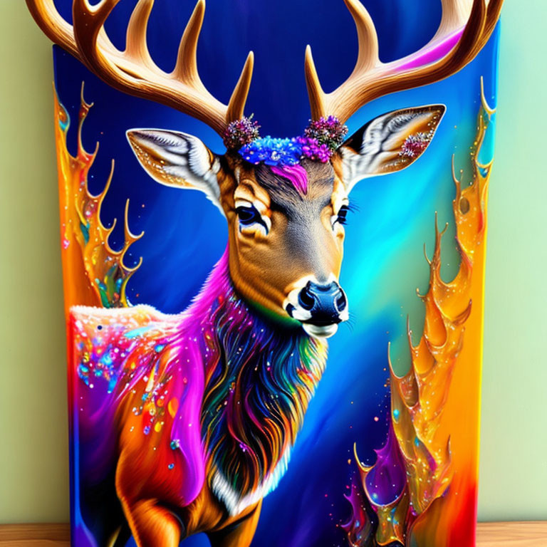 Colorful Deer with Vibrant Antlers and Floral Adornments on Abstract Flame Background