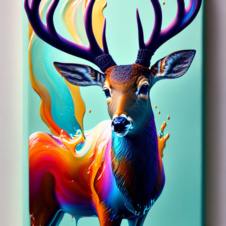 Colorful deer with liquid antlers on teal background