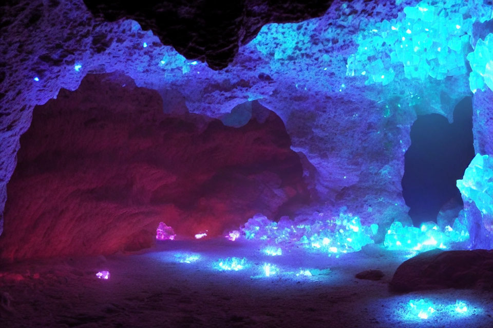Vibrant Purple and Blue Lit Cave with Crystal Formations