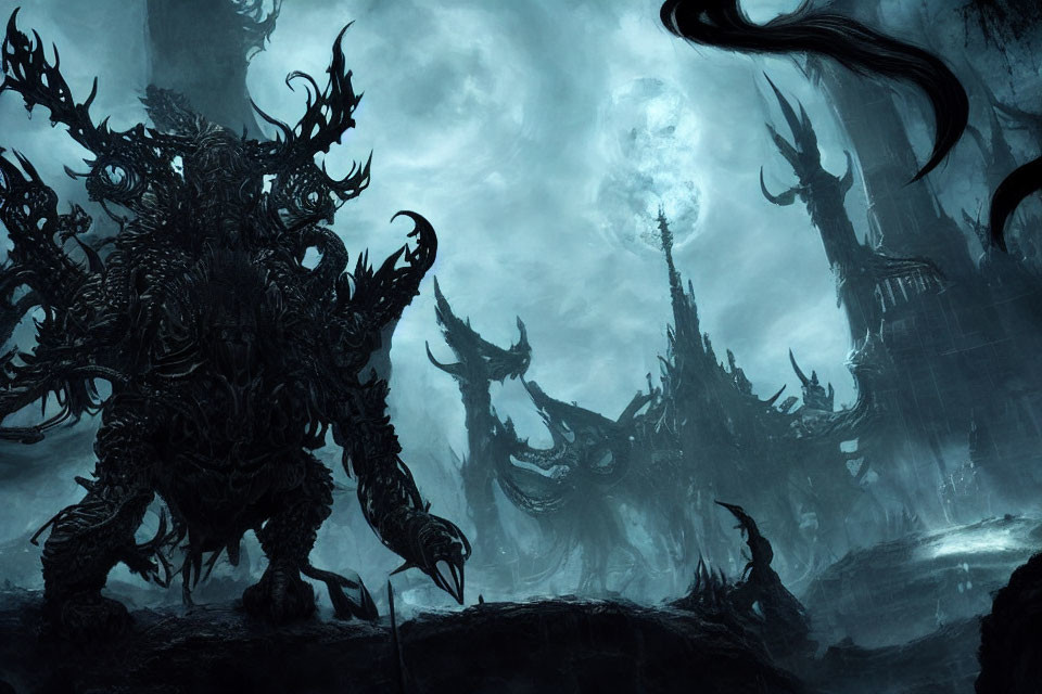 Ominous fantasy landscape with armored creature and eerie structures