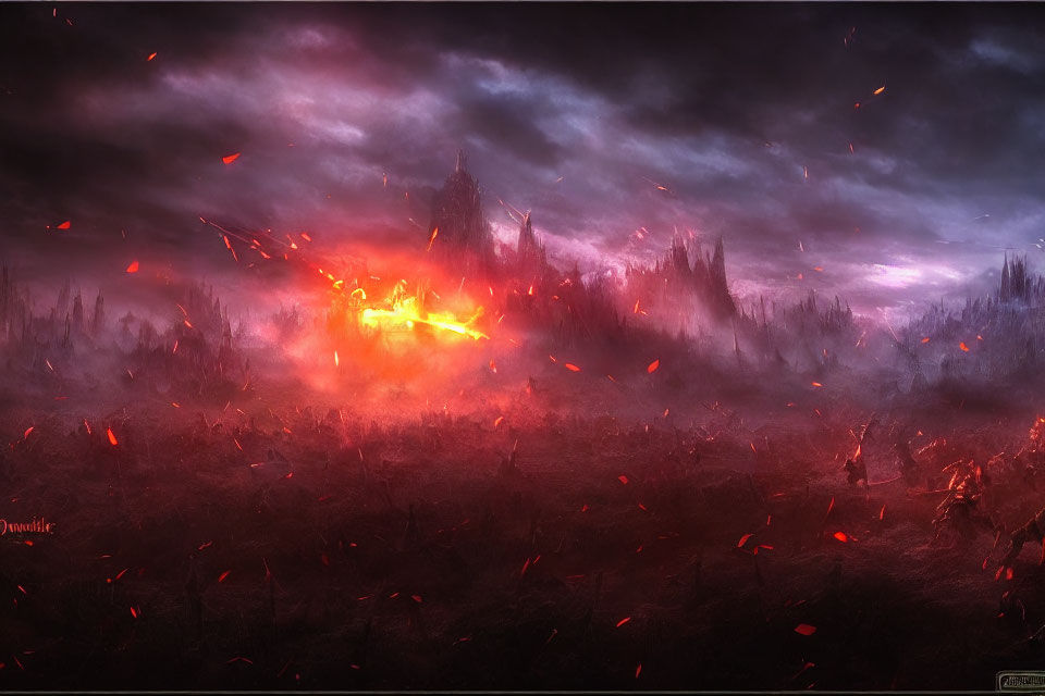 Menacing landscape with fiery embers, glowing lava, and towering spires