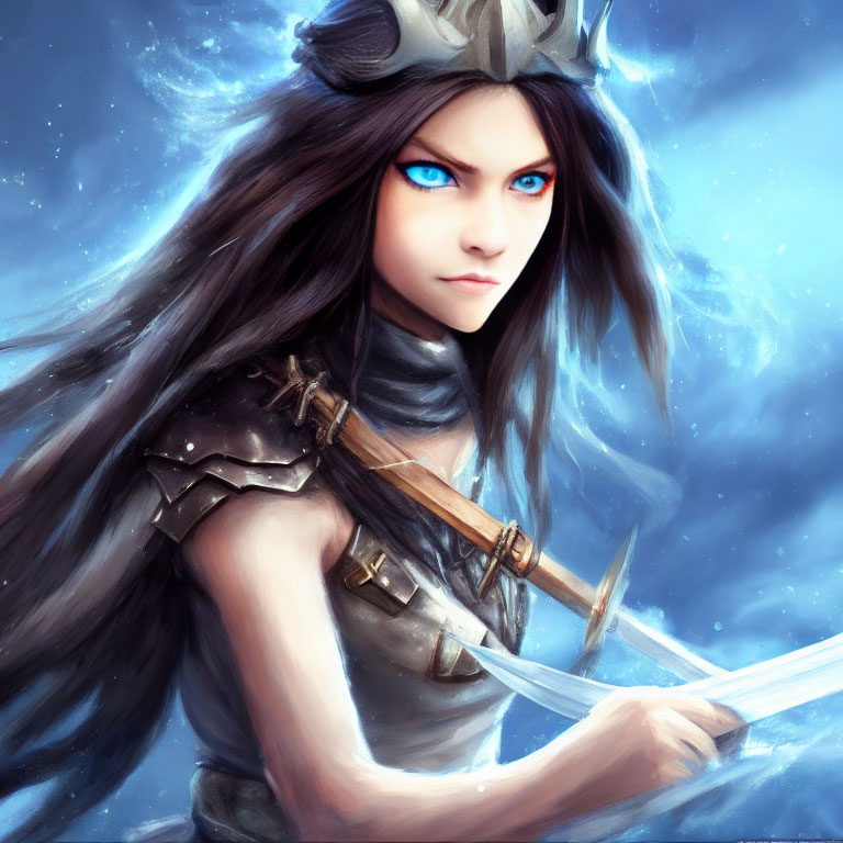 Fantasy warrior woman with blue eyes and glowing sword under mystical sky