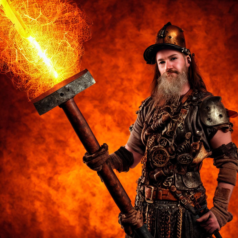 Warrior in armor holding fiery hammer on orange backdrop