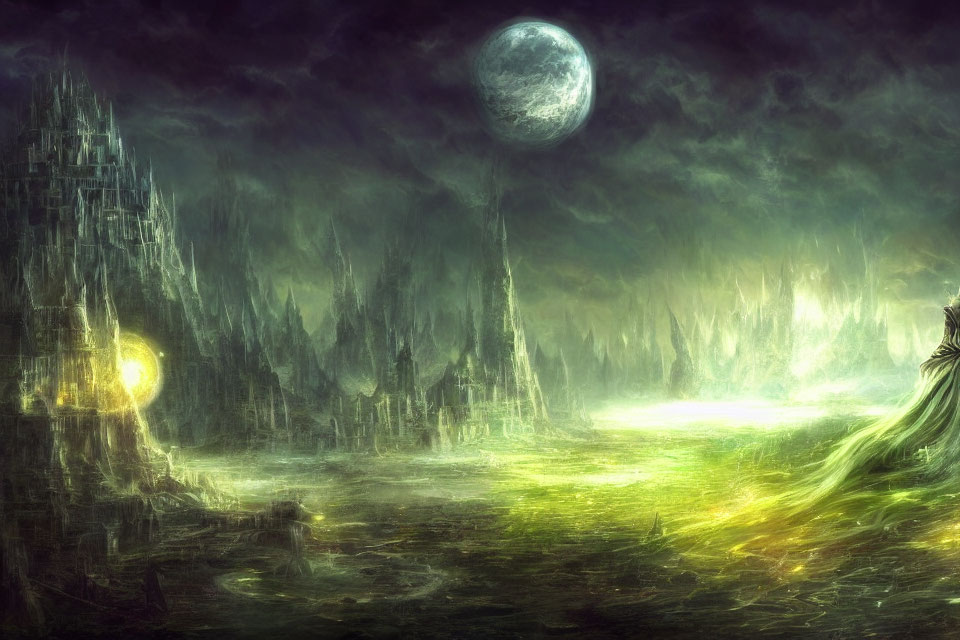 Mystical green landscape with towering spires and luminous orb
