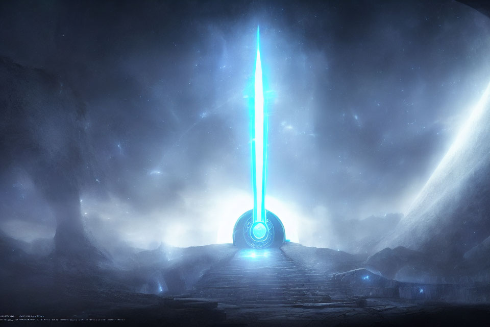 Glowing blue sword piercing stone in celestial-lit ruins