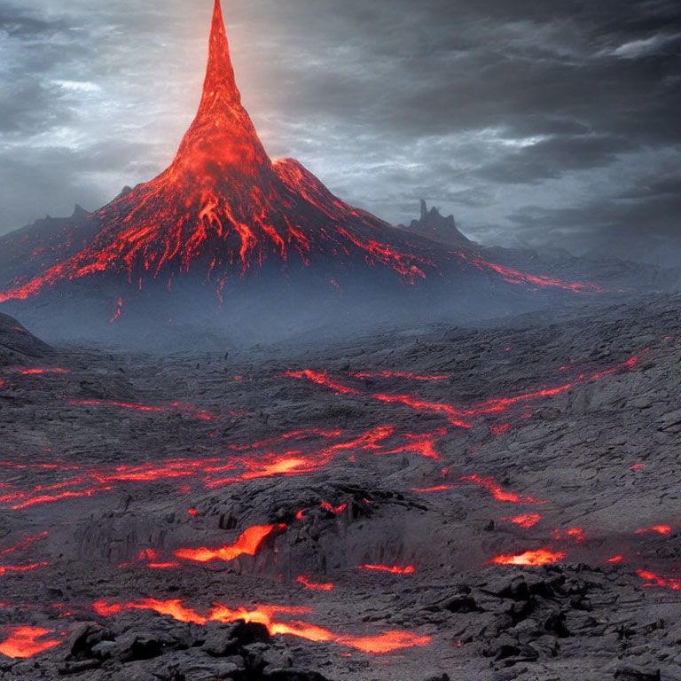 Erupting volcano in fiery, lava-filled landscape