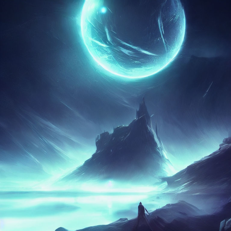 Figure in luminous landscape with towering mountain under swirling celestial bodies.