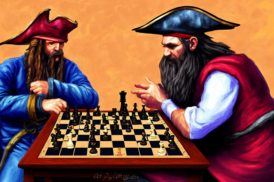 Animated pirates playing chess with stern expressions