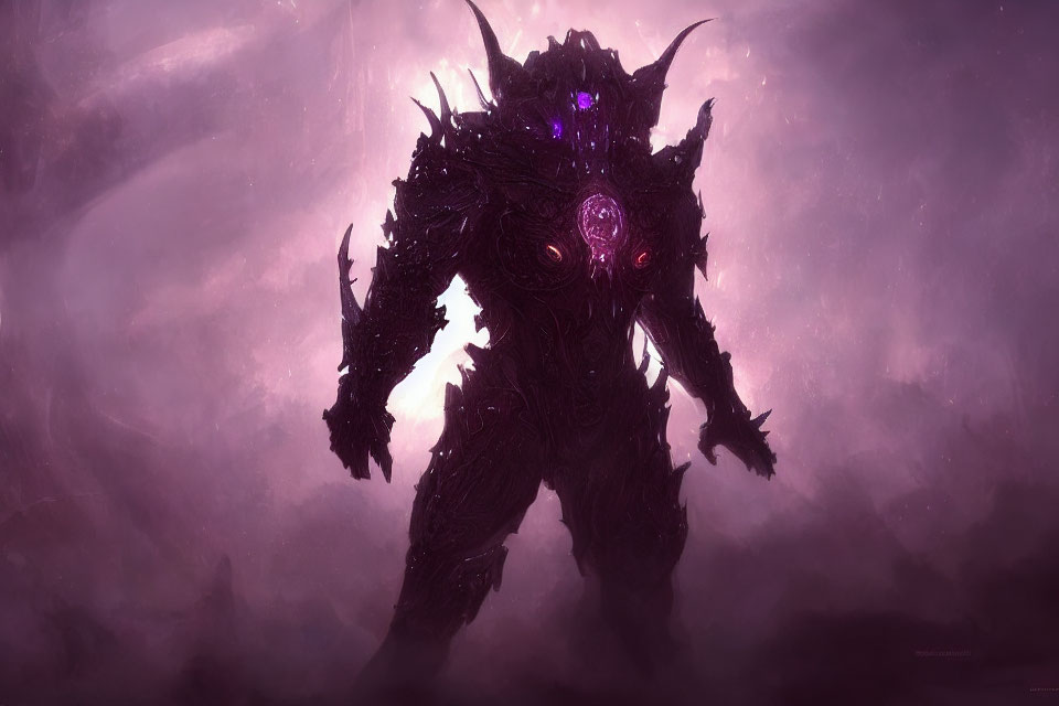 Dark Armored Figure with Glowing Purple Eyes in Misty Landscape