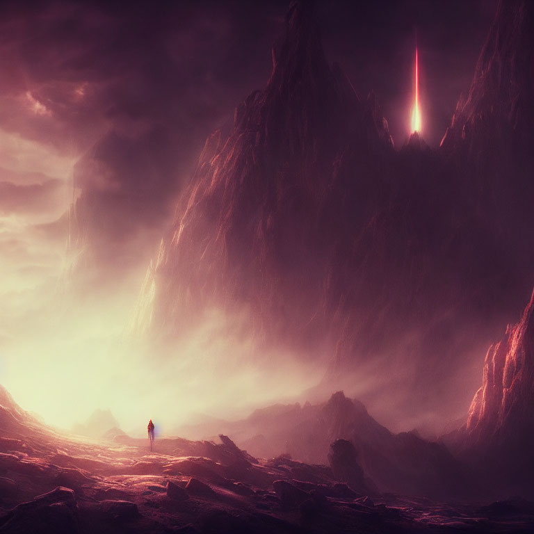 Mysterious figure in surreal crimson landscape with towering cliffs