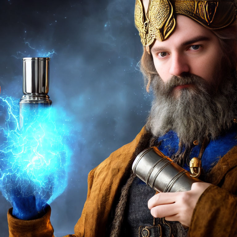 Bearded figure in ornate headgear with electric staff against cosmic background