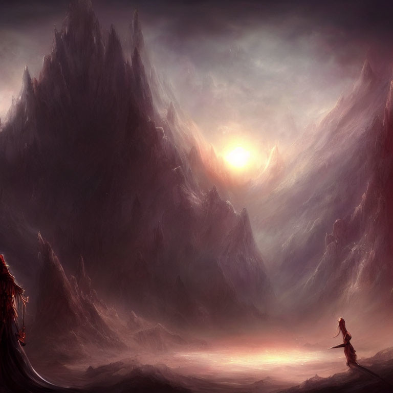 Majestic fantasy landscape with dark mountains and cloaked figures