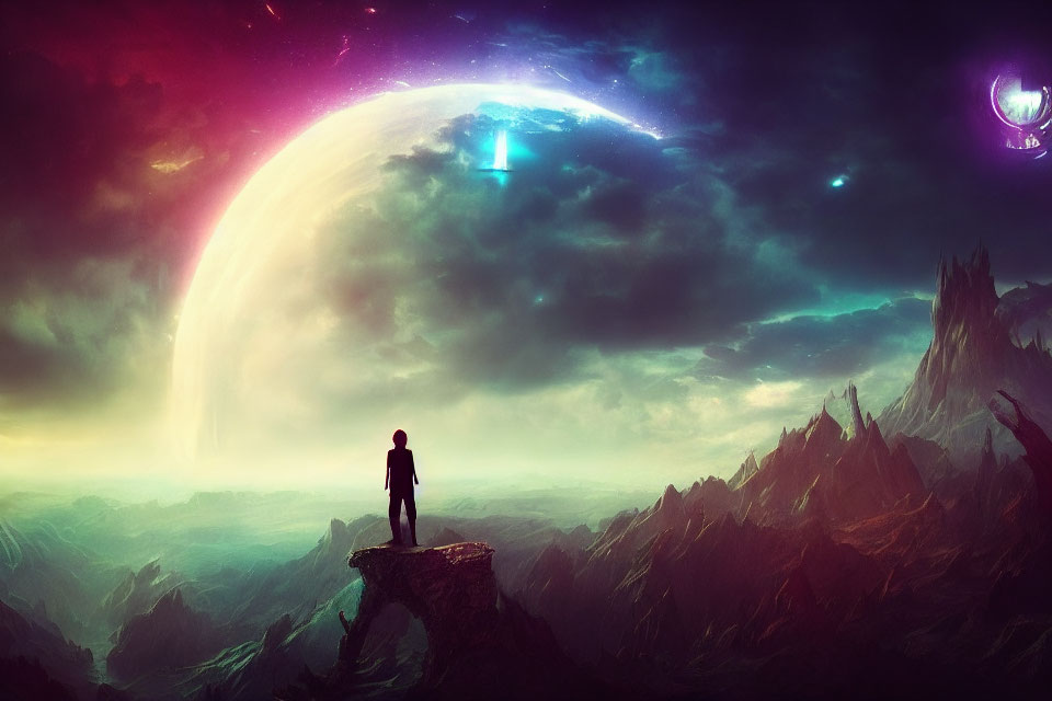 Person on Cliff Edge Gazing at Massive Planet and Celestial Landscape