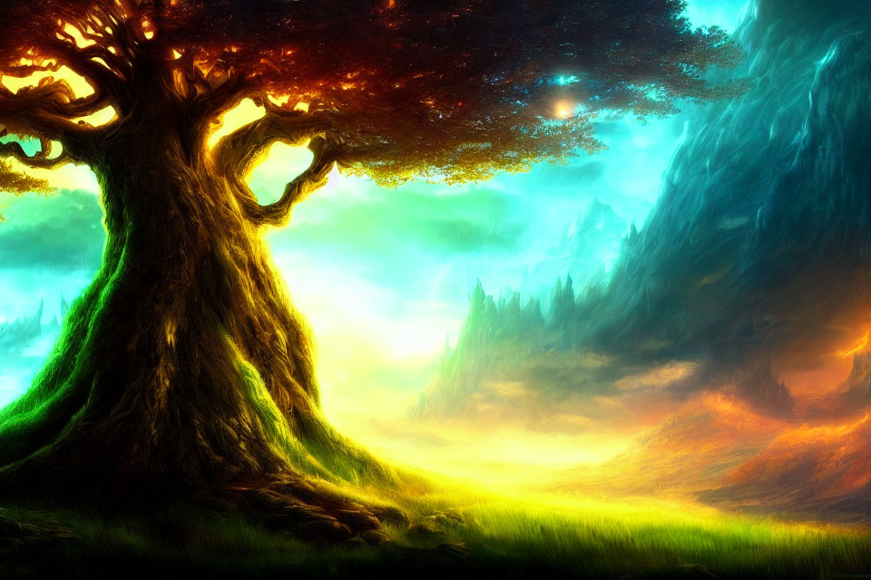 Majestic tree in vibrant fantasy landscape with glowing meadows and fiery sky