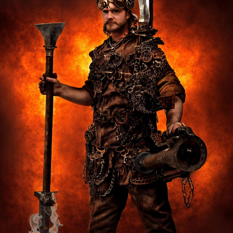 Elaborate steampunk attire with goggles, armor, blunderbuss, and axe on