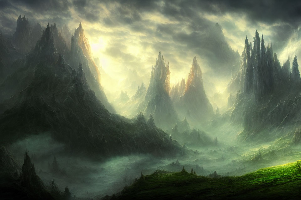 Mystical landscape with jagged peaks, verdant valley, and dramatic sky