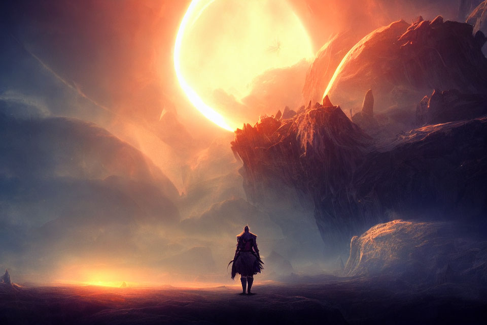 Solitary Figure in Epic Landscape with Luminous Celestial Body