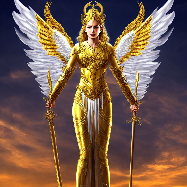 Golden armored figure with wings, spear, and staff against dramatic sky.