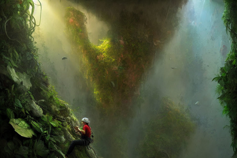 Climber ascending lush rock face in misty forested chasm