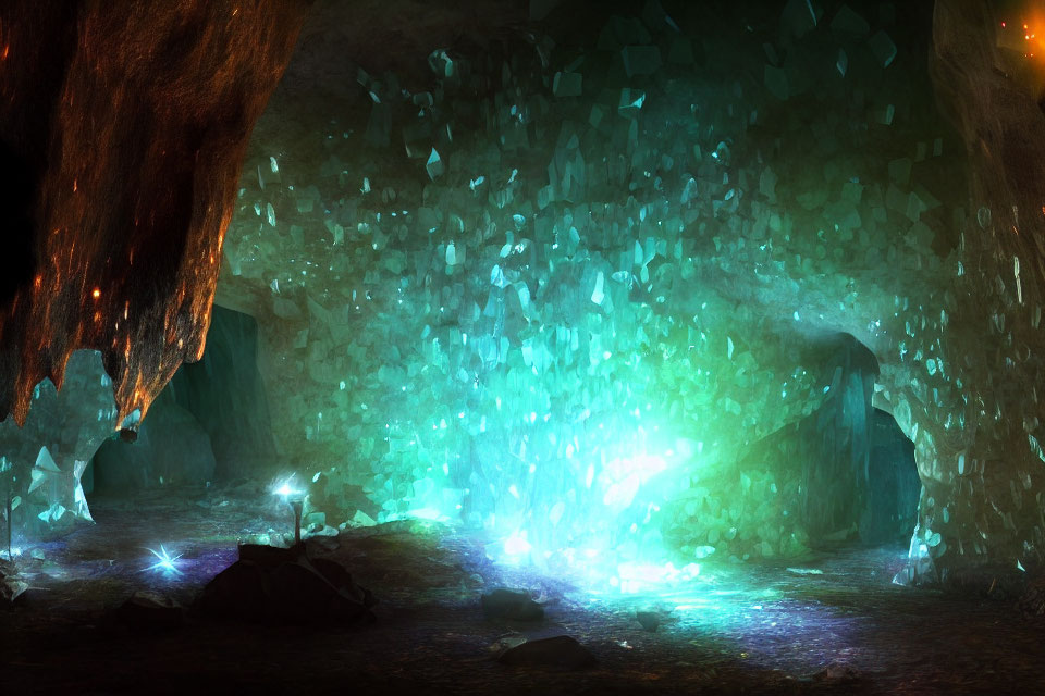 Crystal Cave with Shining Gemstones and Person in Center