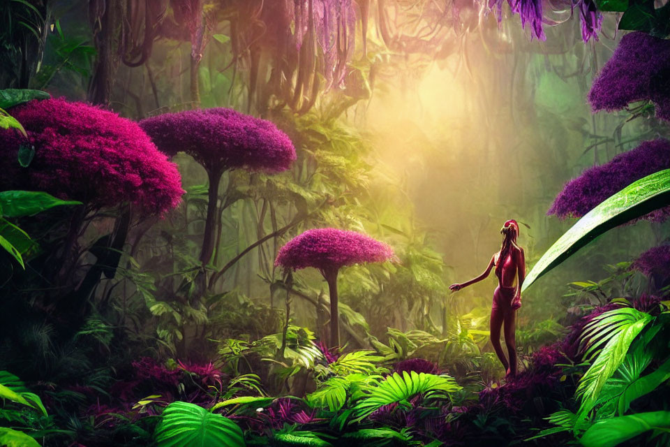 Person in mystical forest with vibrant green foliage and purple flowers