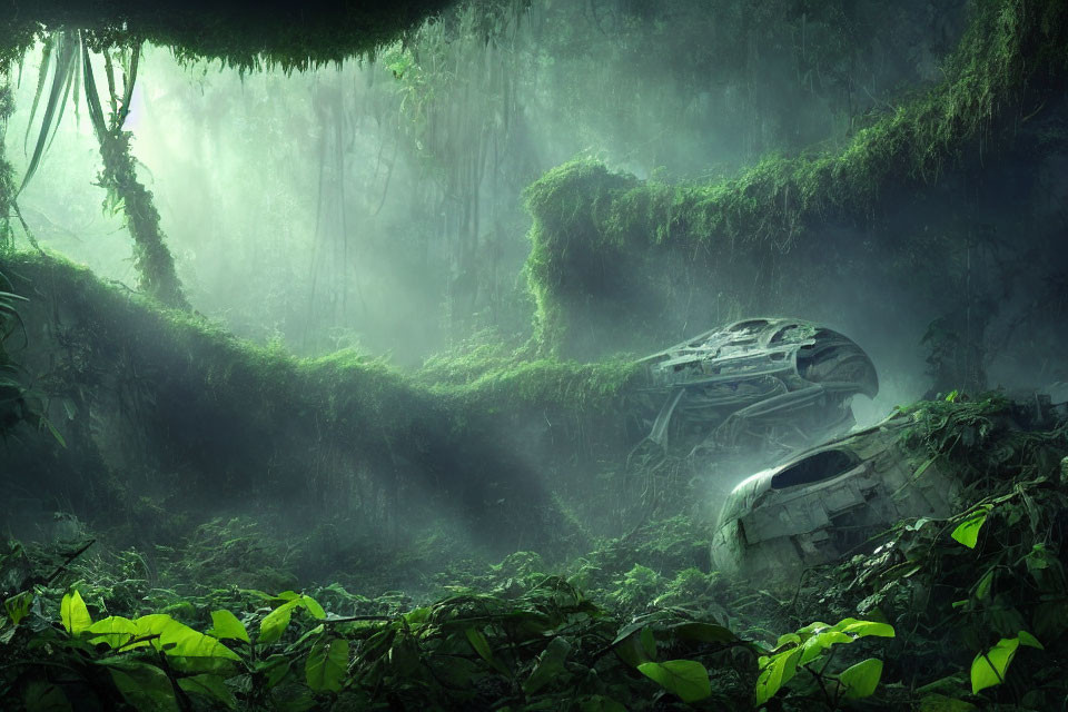 Overgrown forest with misty atmosphere and abandoned spaceship