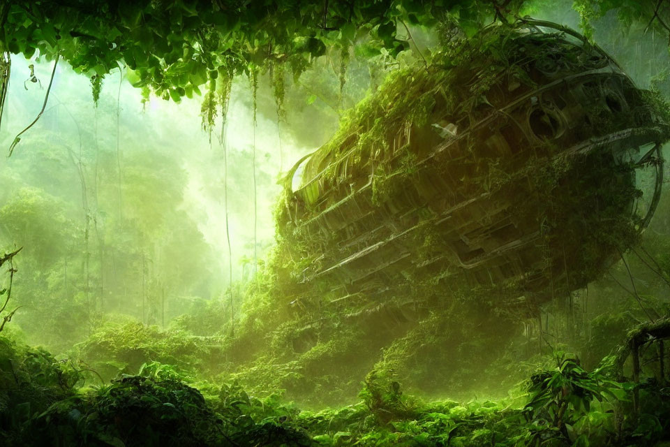 Abandoned airplane covered in greenery in misty jungle