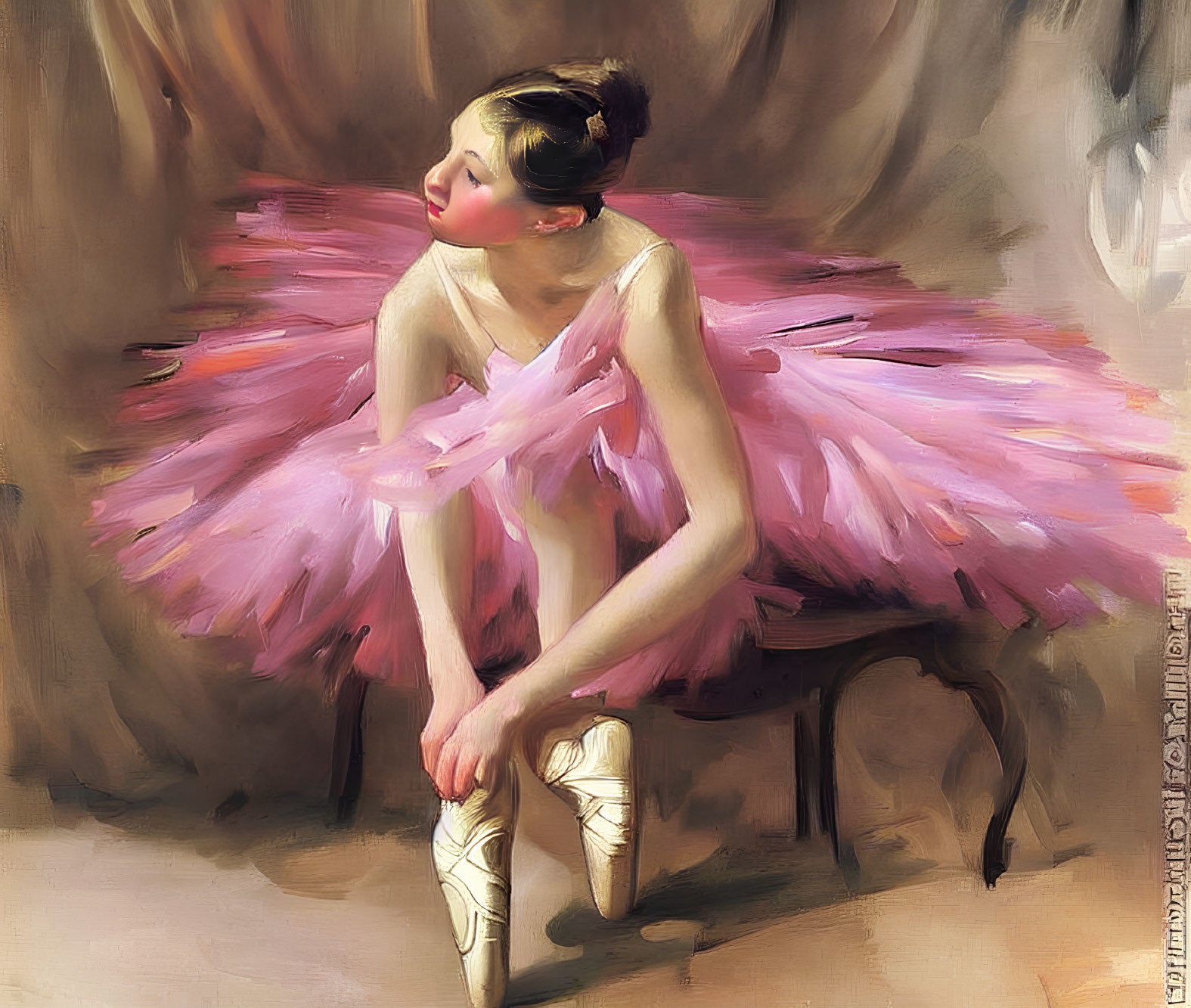 Young ballerina in pink tutu tying pointe shoe on wooden stool