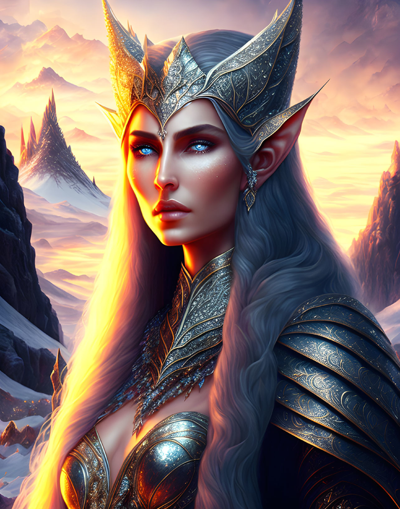 Female elf portrait with silver armor and crown in mountain sunset scene
