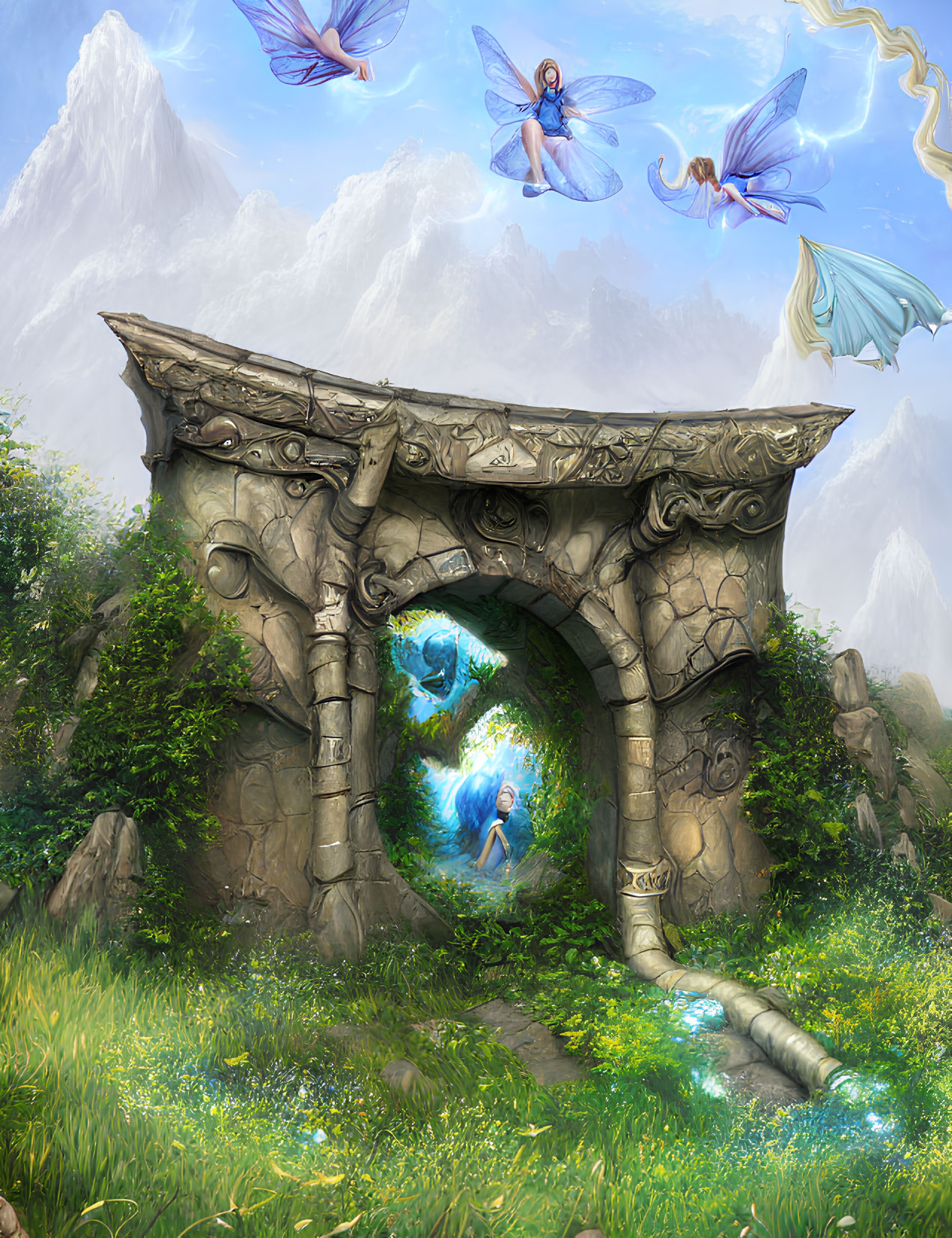Enchanted archway in lush meadow with magical creatures, blue portal, mountains, misty