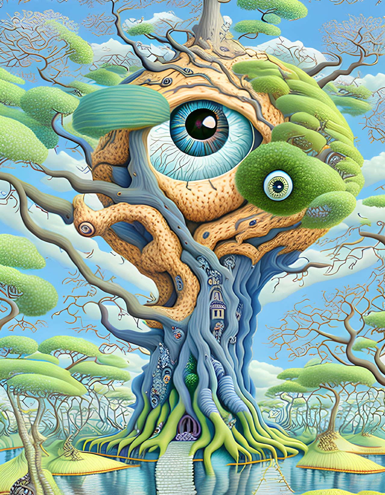 Surreal illustration of eye-shaped canopy trees in whimsical forest