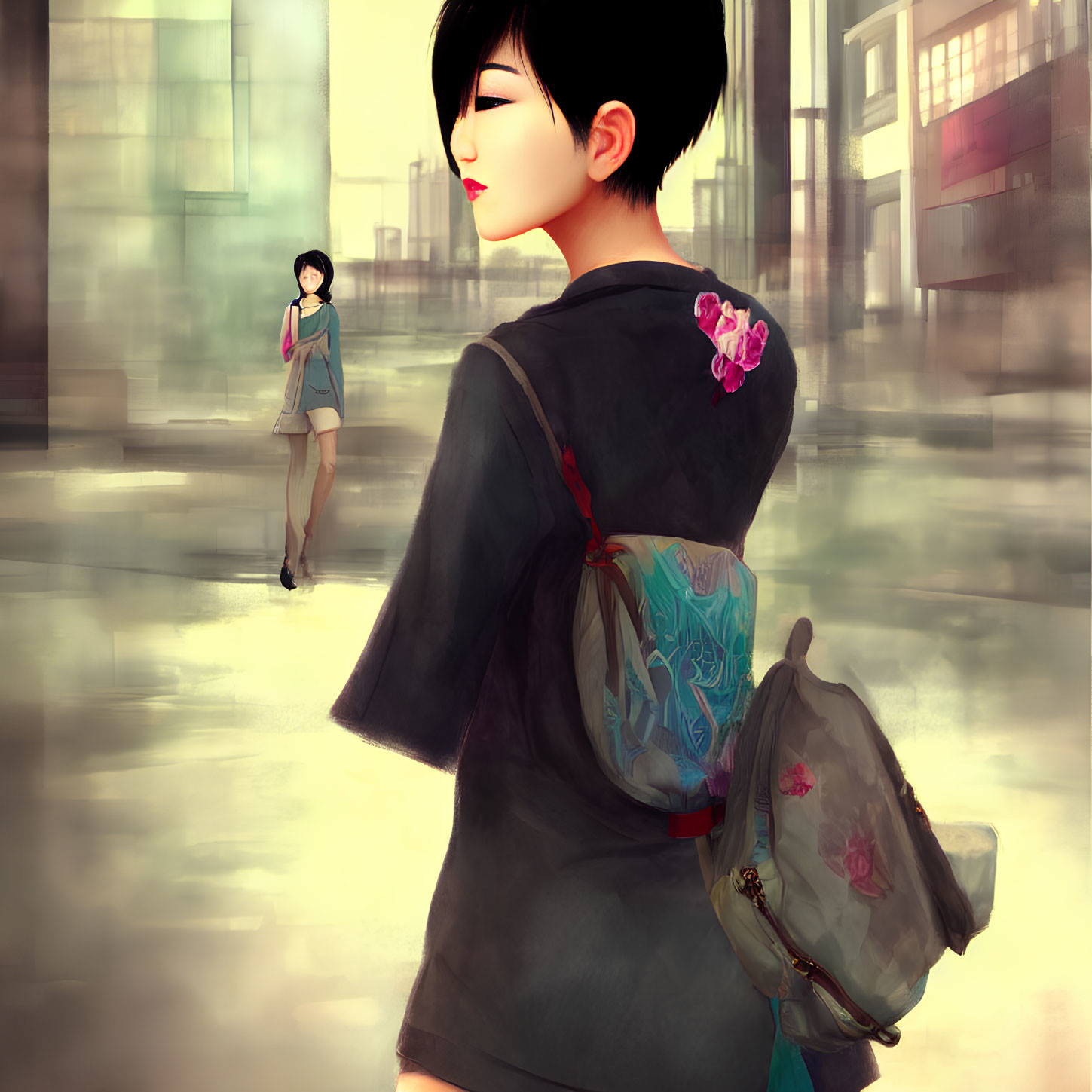 Stylized illustration of two women in modern clothing with Japanese elements