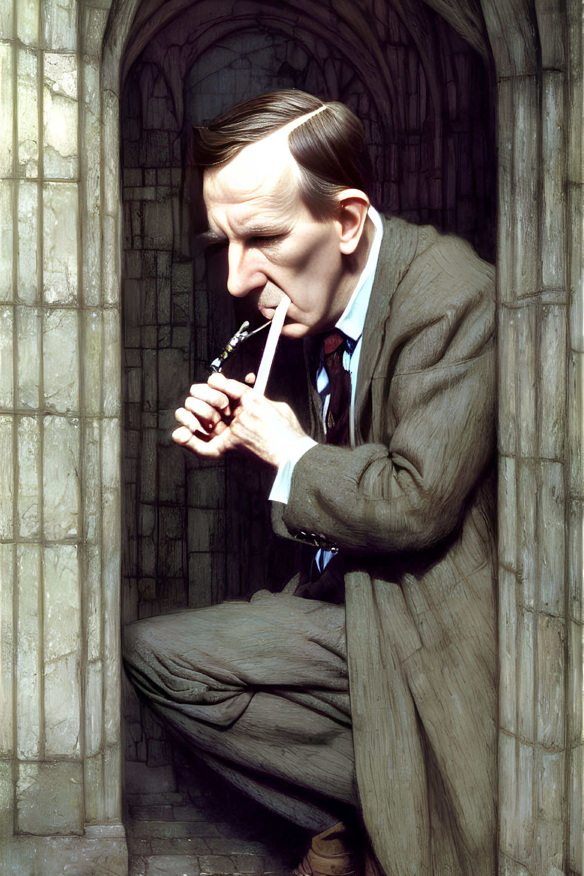 Man in tweed suit plays flute by gothic window in soft light