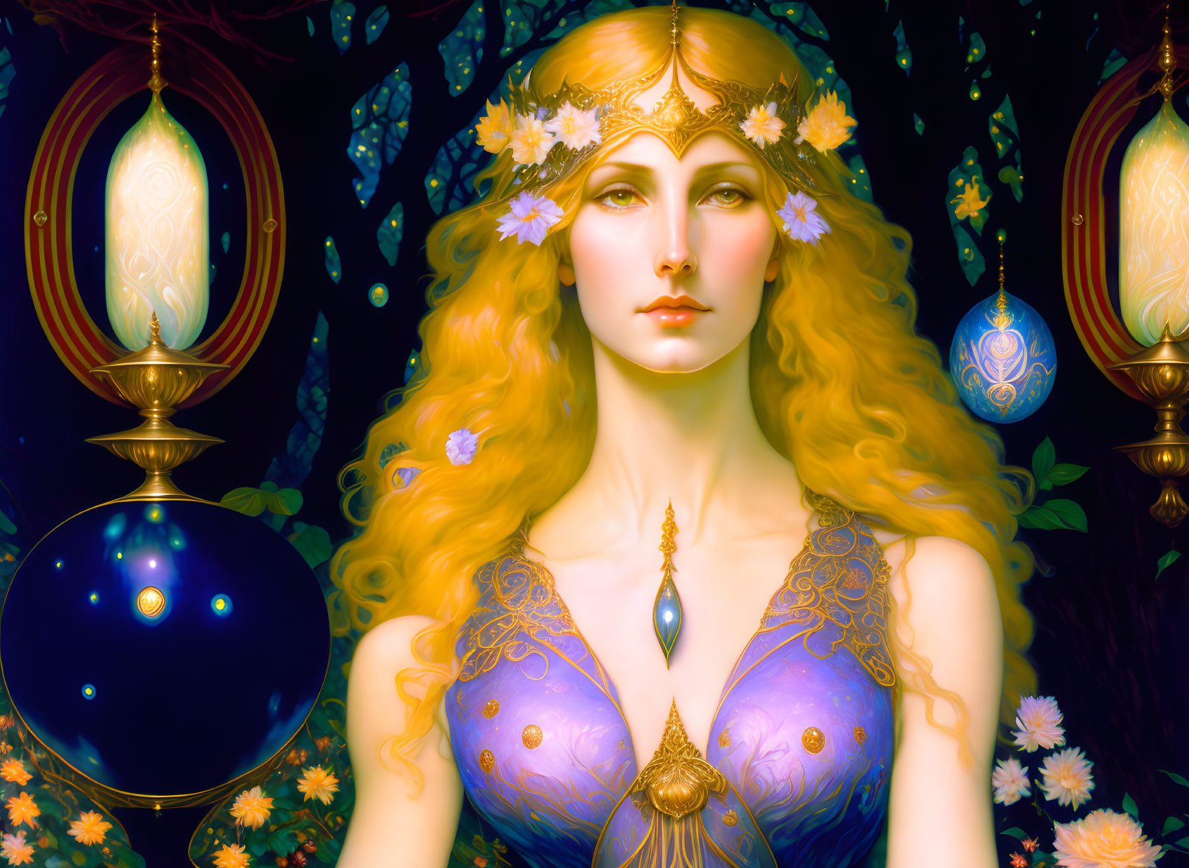 Golden-haired fantasy figure in violet attire among mystical forest with orbs and lanterns