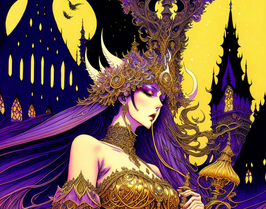 Stylized purple-haired woman with golden headgear in Gothic night sky