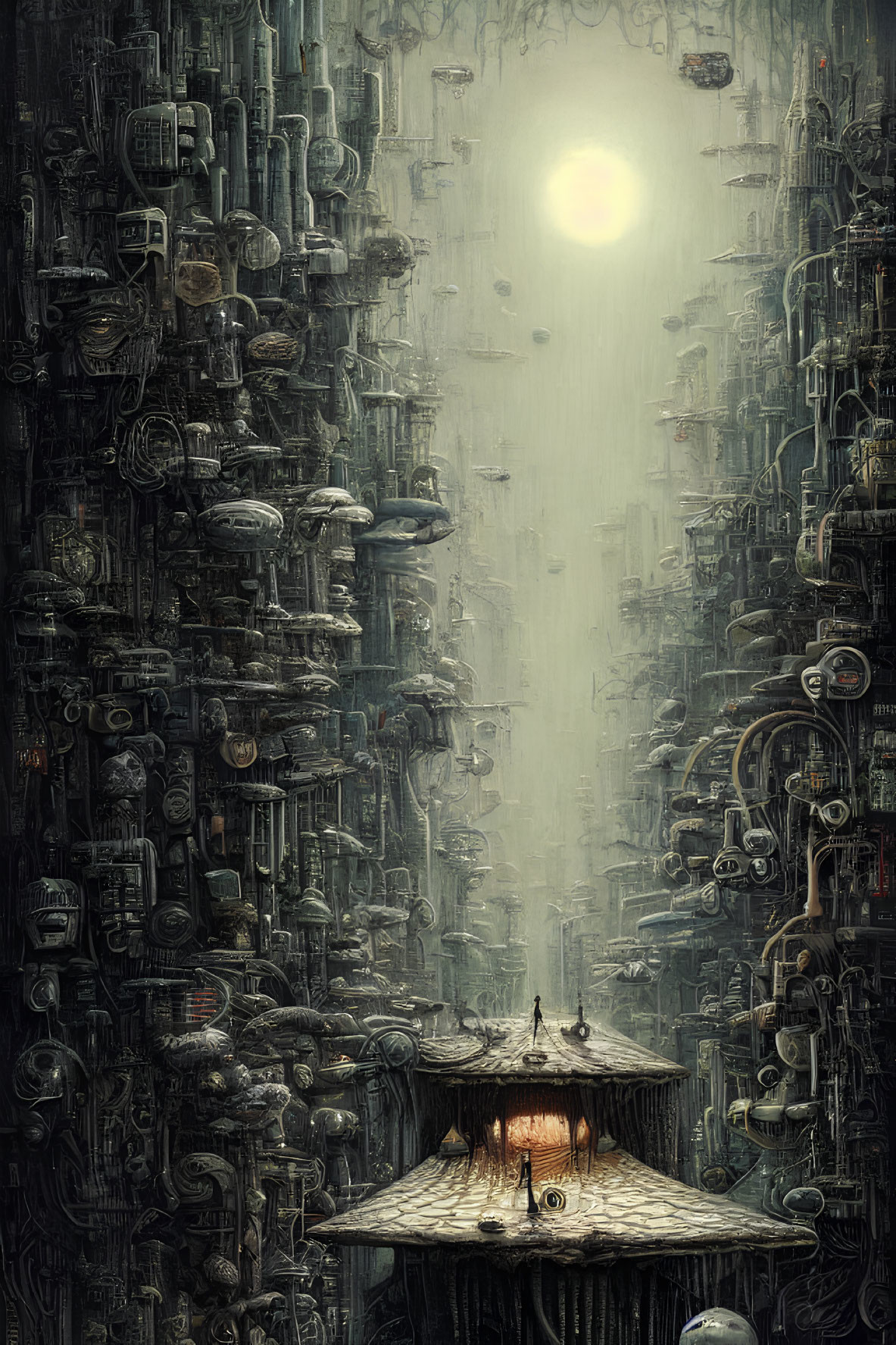 Dystopian cityscape with dense mechanical structures and solitary platform
