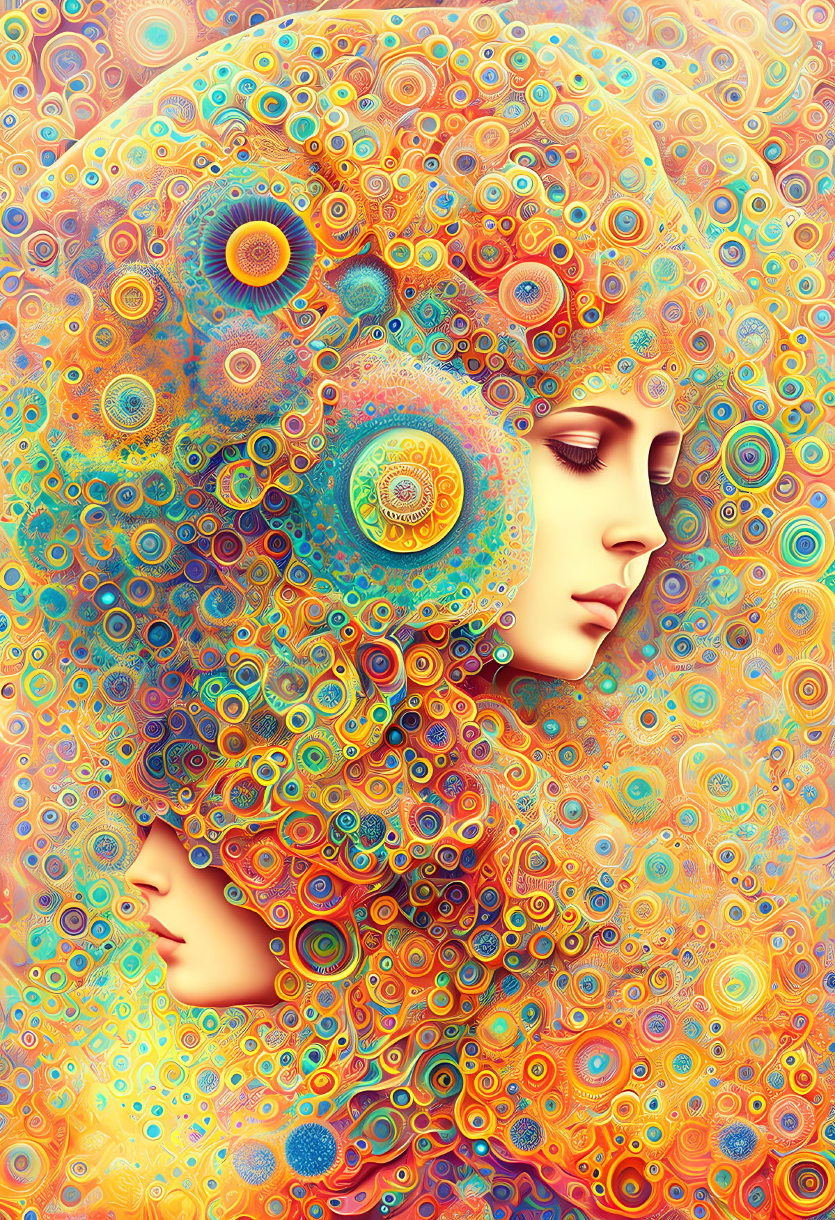 Colorful Digital Artwork: Two Faces in Profile with Intricate Mandala Patterns